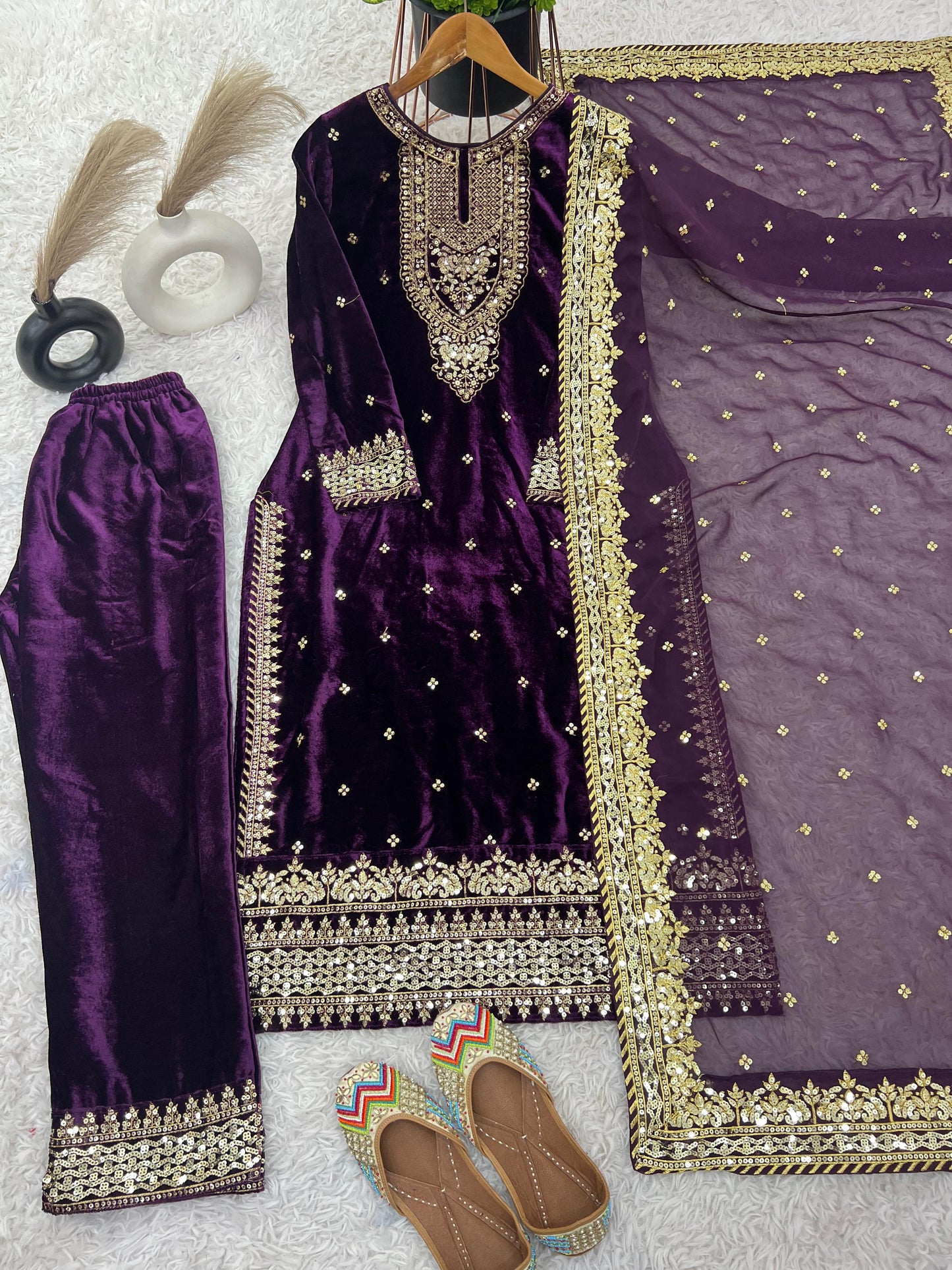 New Party Wear Viscose Velvet Designer  Look Top-Dupatta and Fully Stiched Bottom With Heavy Embroidery Siquance Work