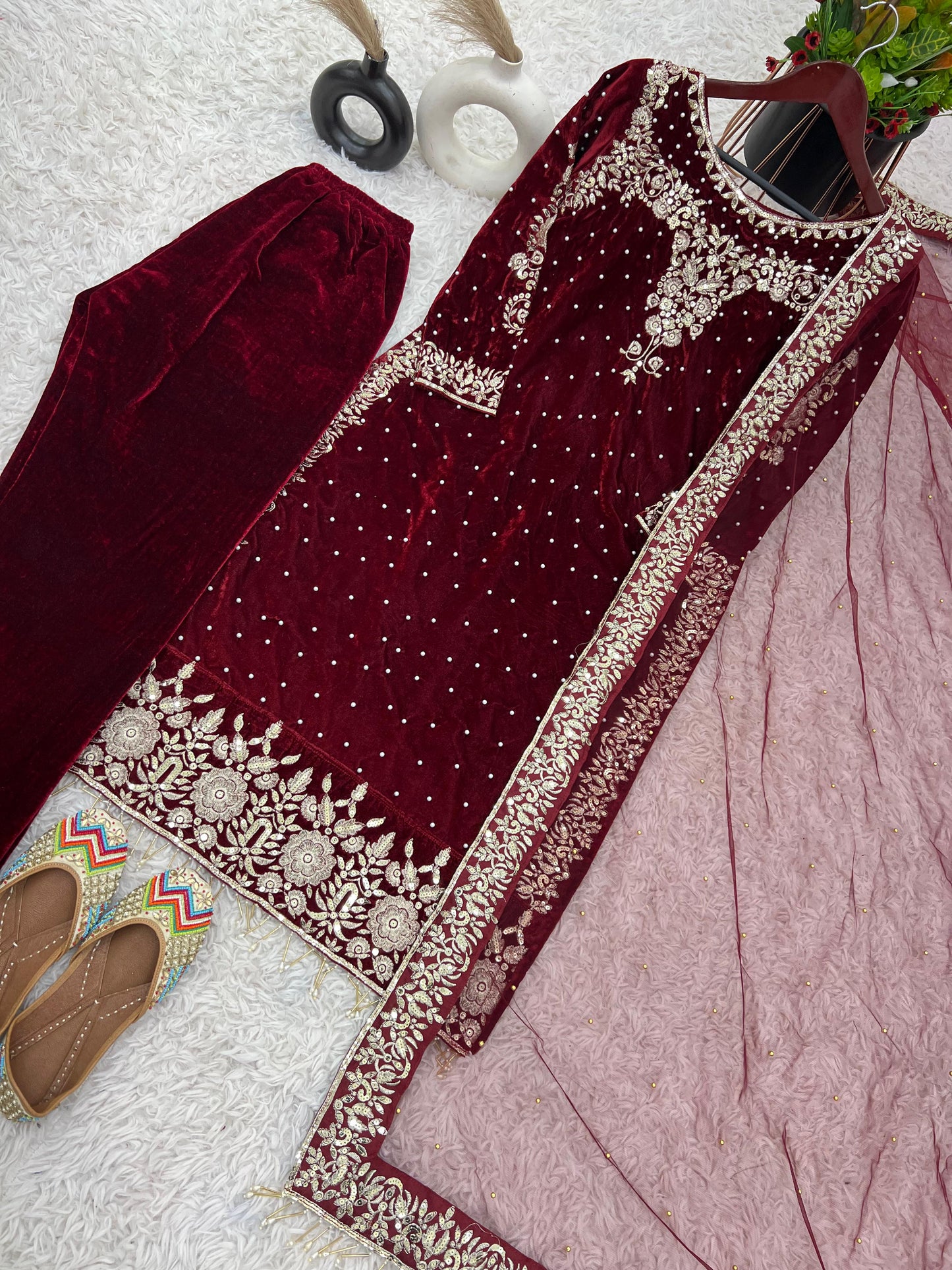 New Party Wear Viscose Velvet Designer  Look Top-Dupatta and Fully Stiched Bottom With Heavy Embroidery Siquance Work