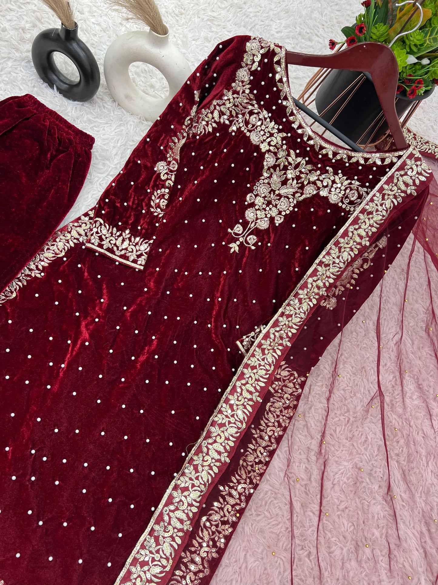 New Party Wear Viscose Velvet Designer  Look Top-Dupatta and Fully Stiched Bottom With Heavy Embroidery Siquance Work