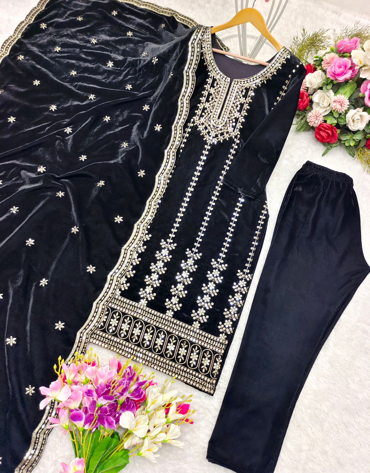 Velvet Top -Pent  Dupatta Set Fully Stitched Ready To Wear