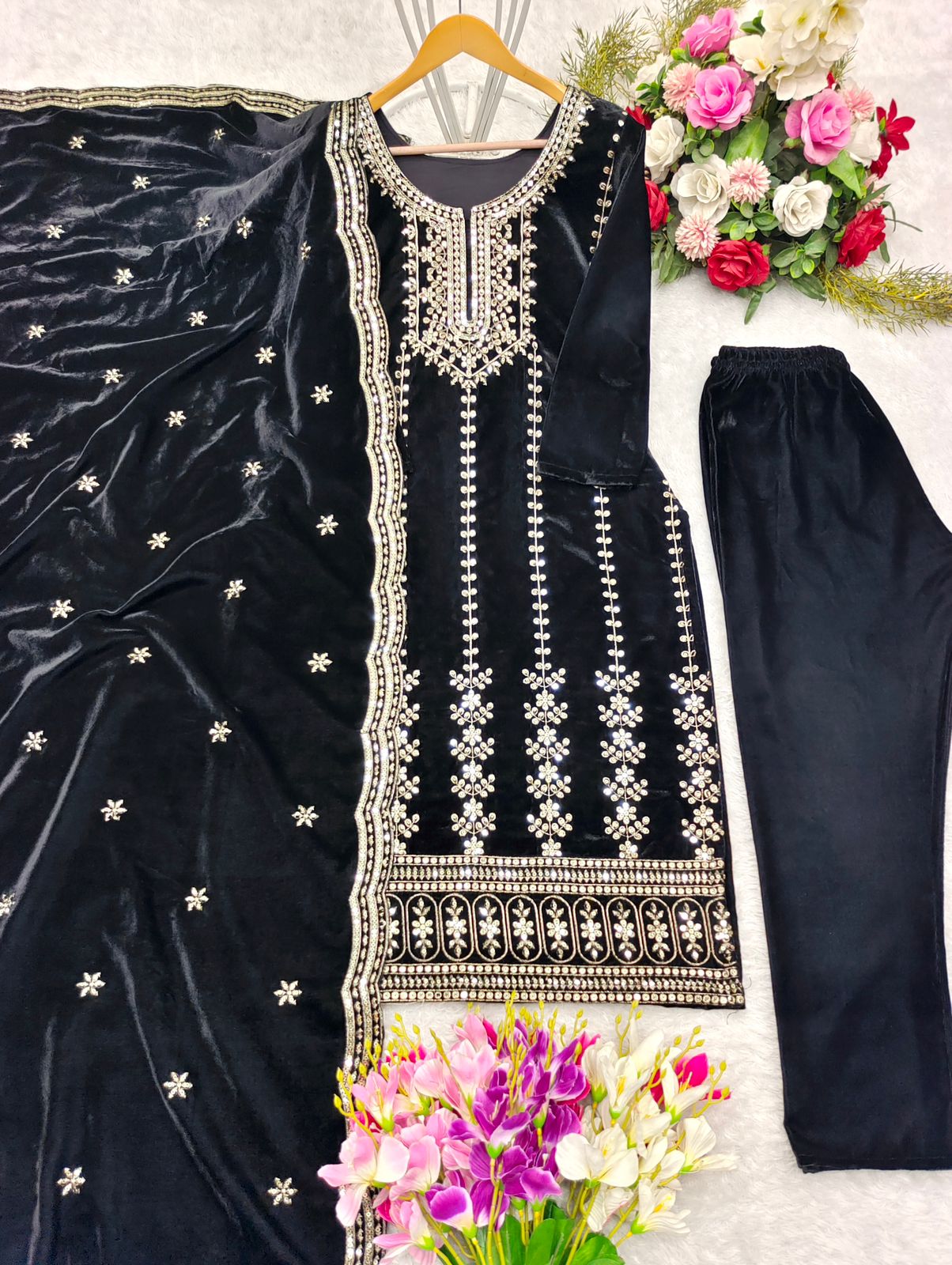 Velvet Top -Pent  Dupatta Set Fully Stitched Ready To Wear