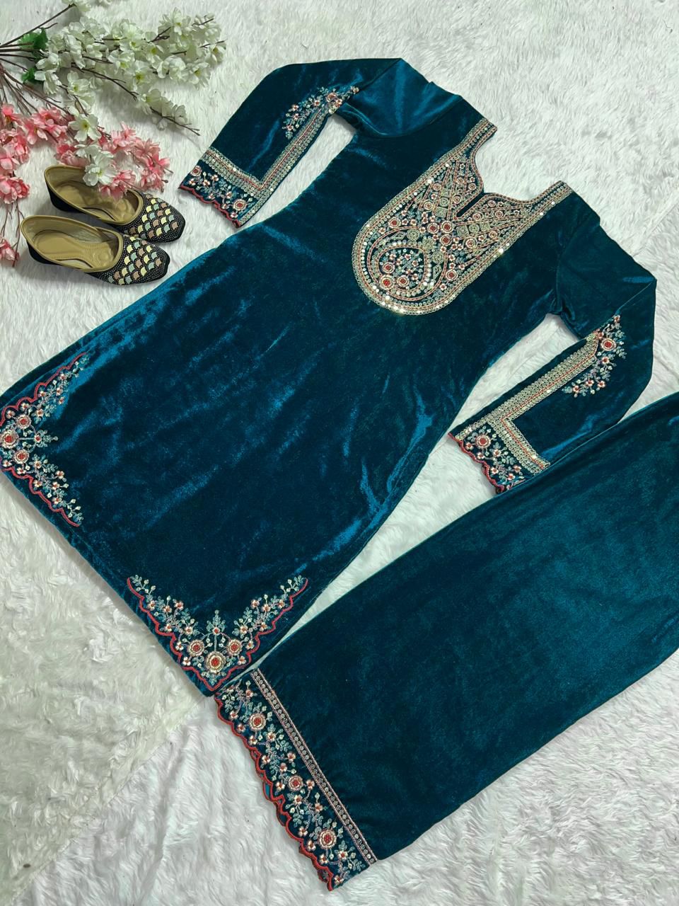 Designer Winter special velvet Designer Top With Dupatta and Bottom Set