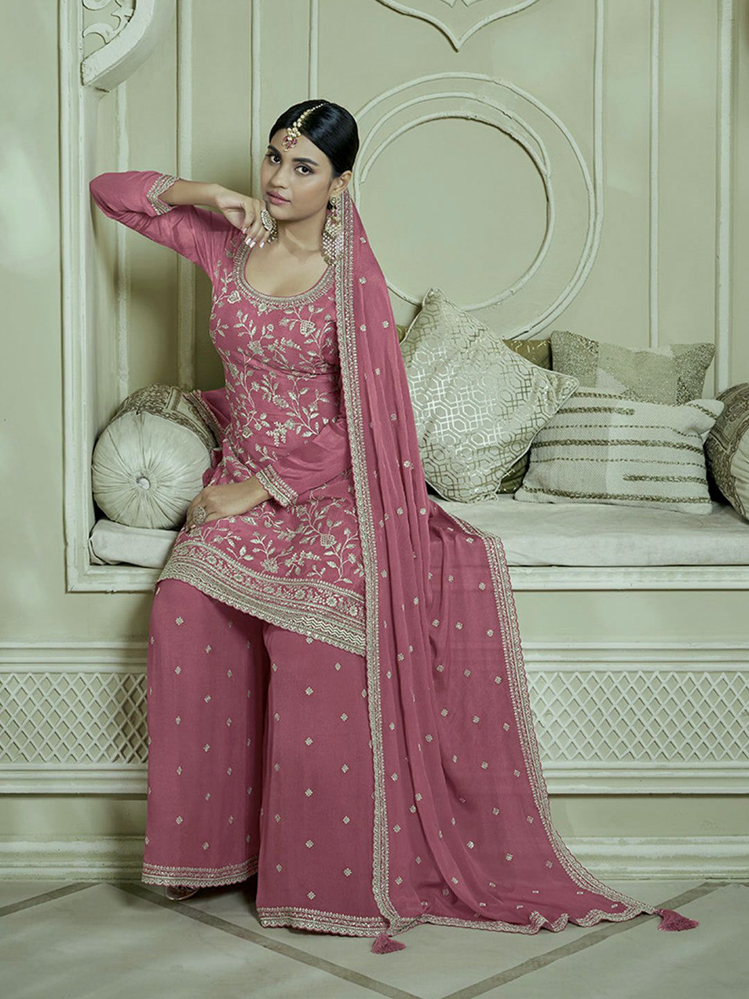 Embroidered Chinon Silk Pakistani Suit