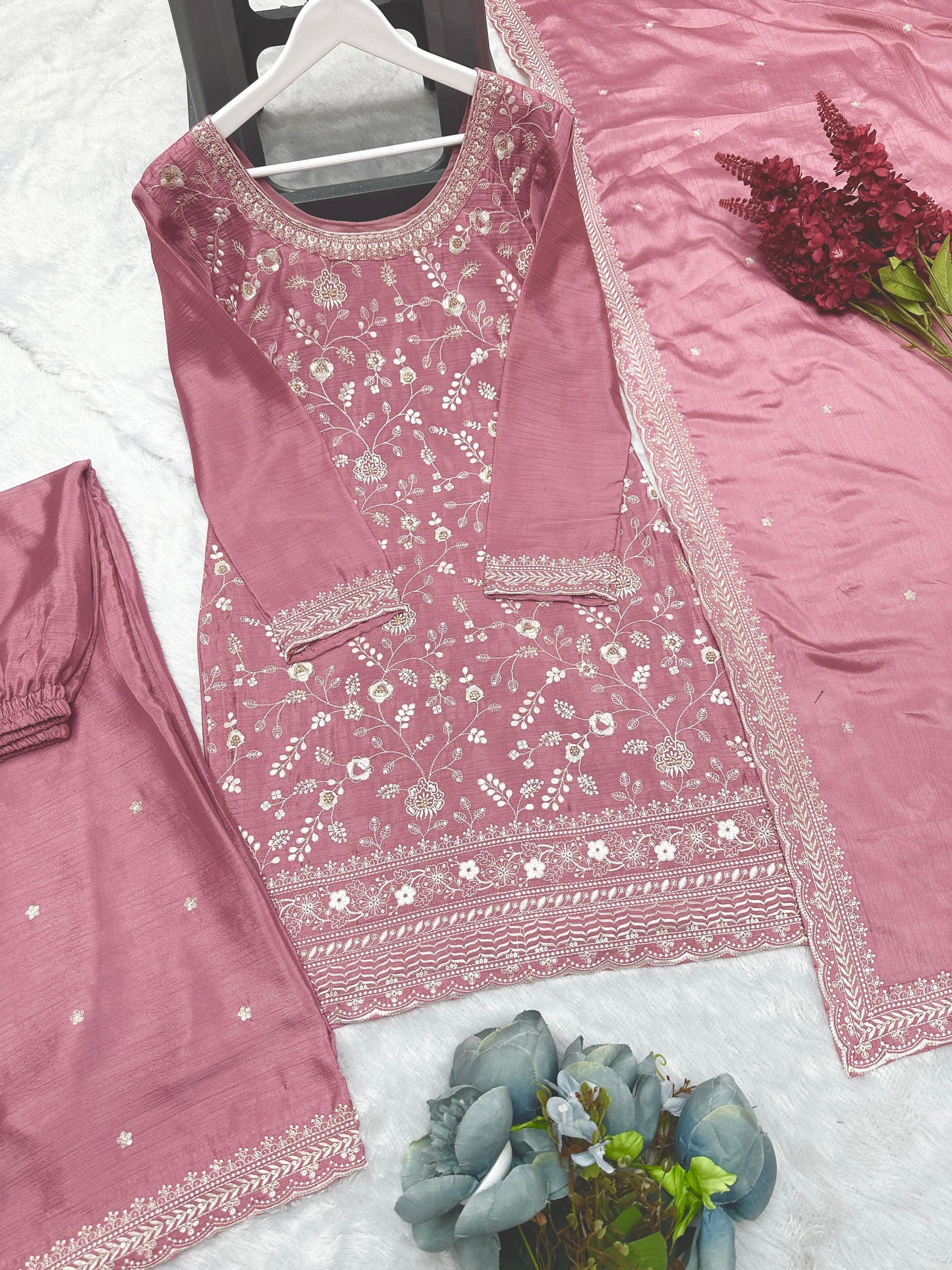 Embroidered Chinon Silk Pakistani Suit