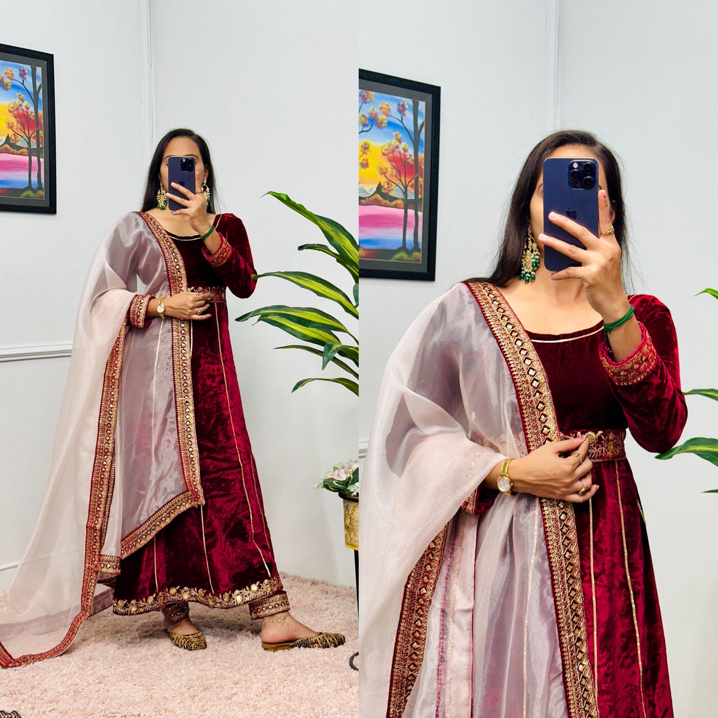 Velvet Anarkali Kurta Set Paired With Dupatta Indian Traditional Outfit Anarkali Gown Dress Ethnic Designer Bollywood Anarkali Dresses