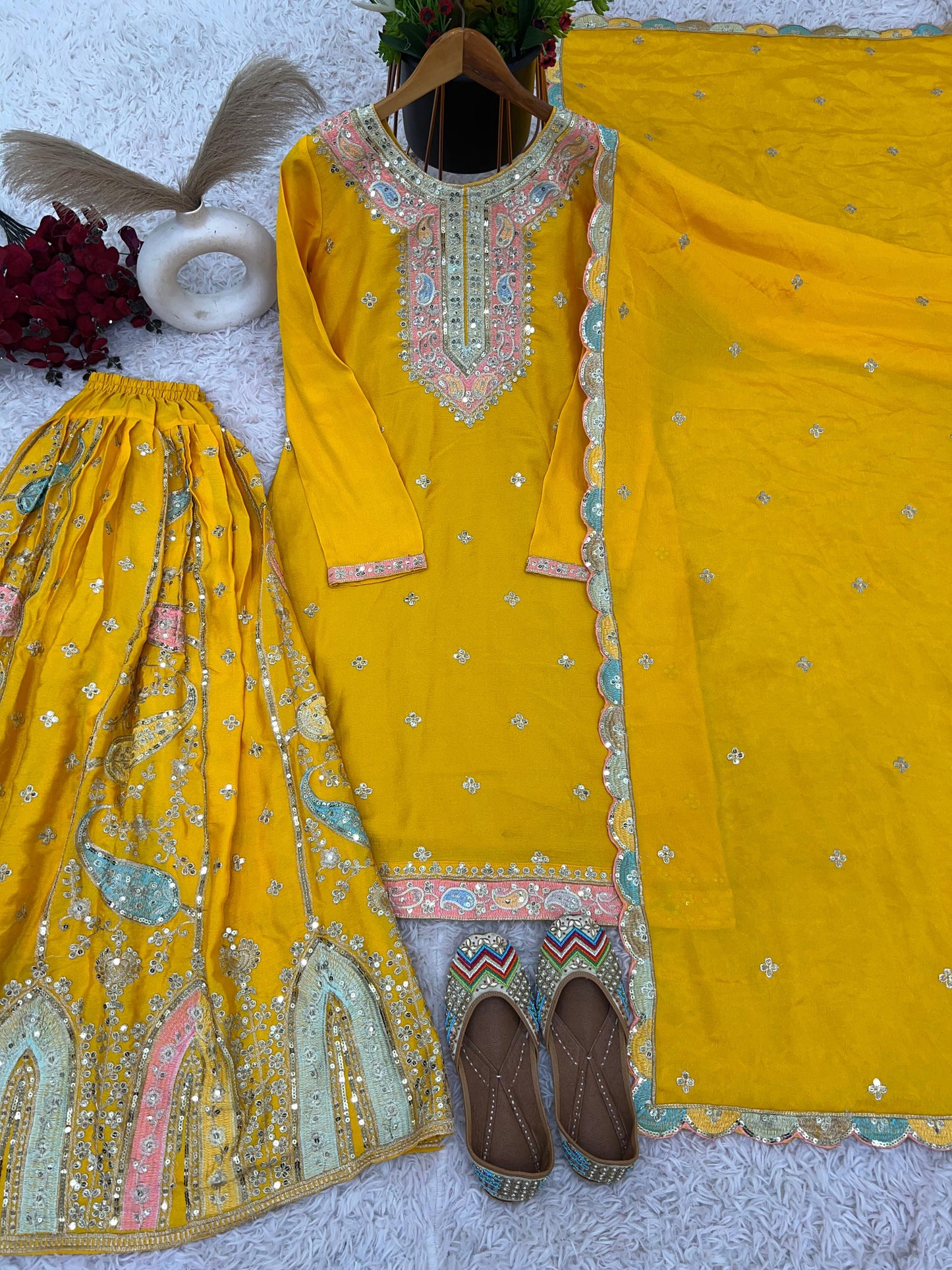 Pakistani Yellow Sharara suit. Heavy sequence embroidered Punjabi suit. Gift for her