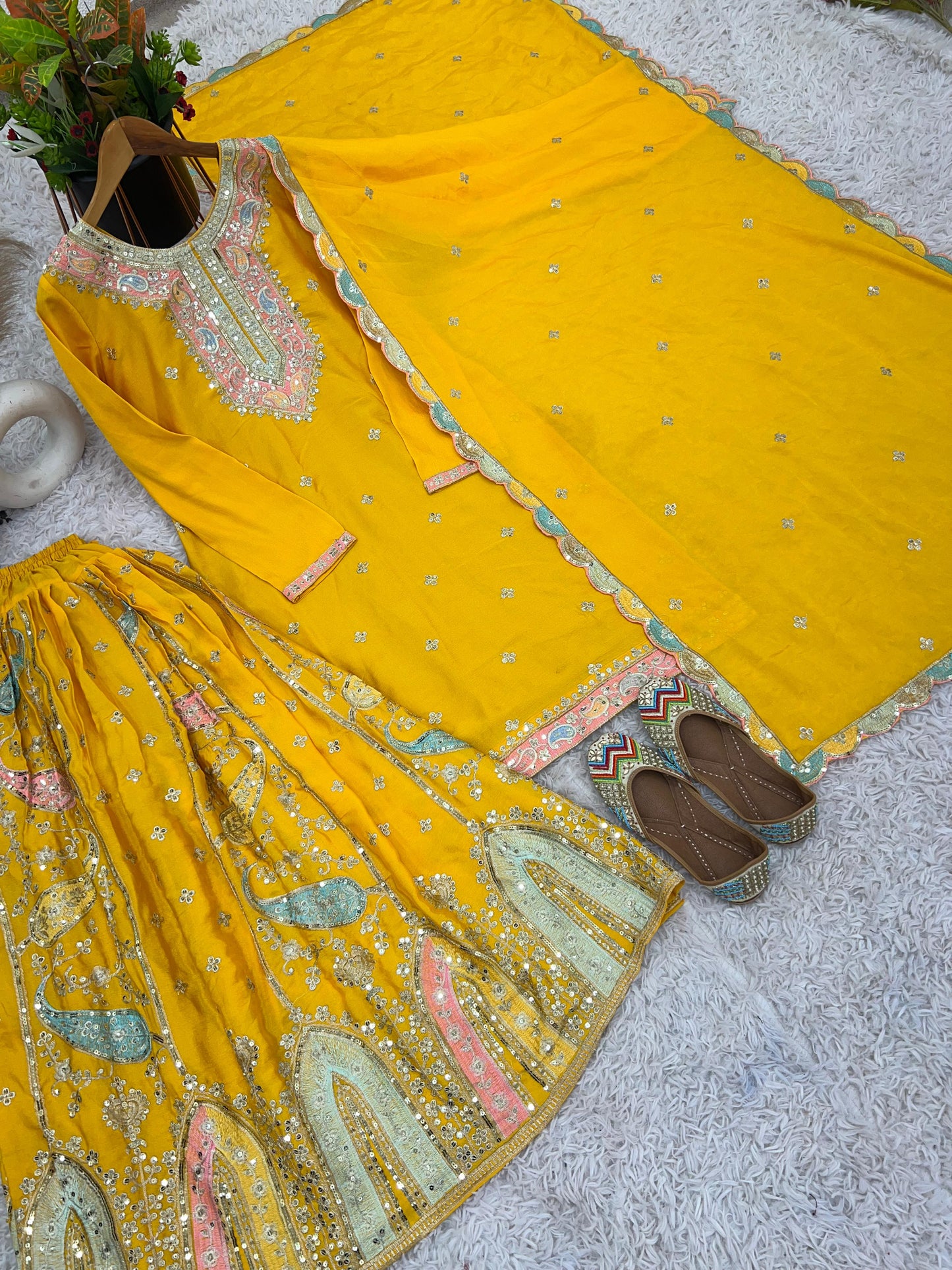 Pakistani Yellow Sharara suit. Heavy sequence embroidered Punjabi suit. Gift for her