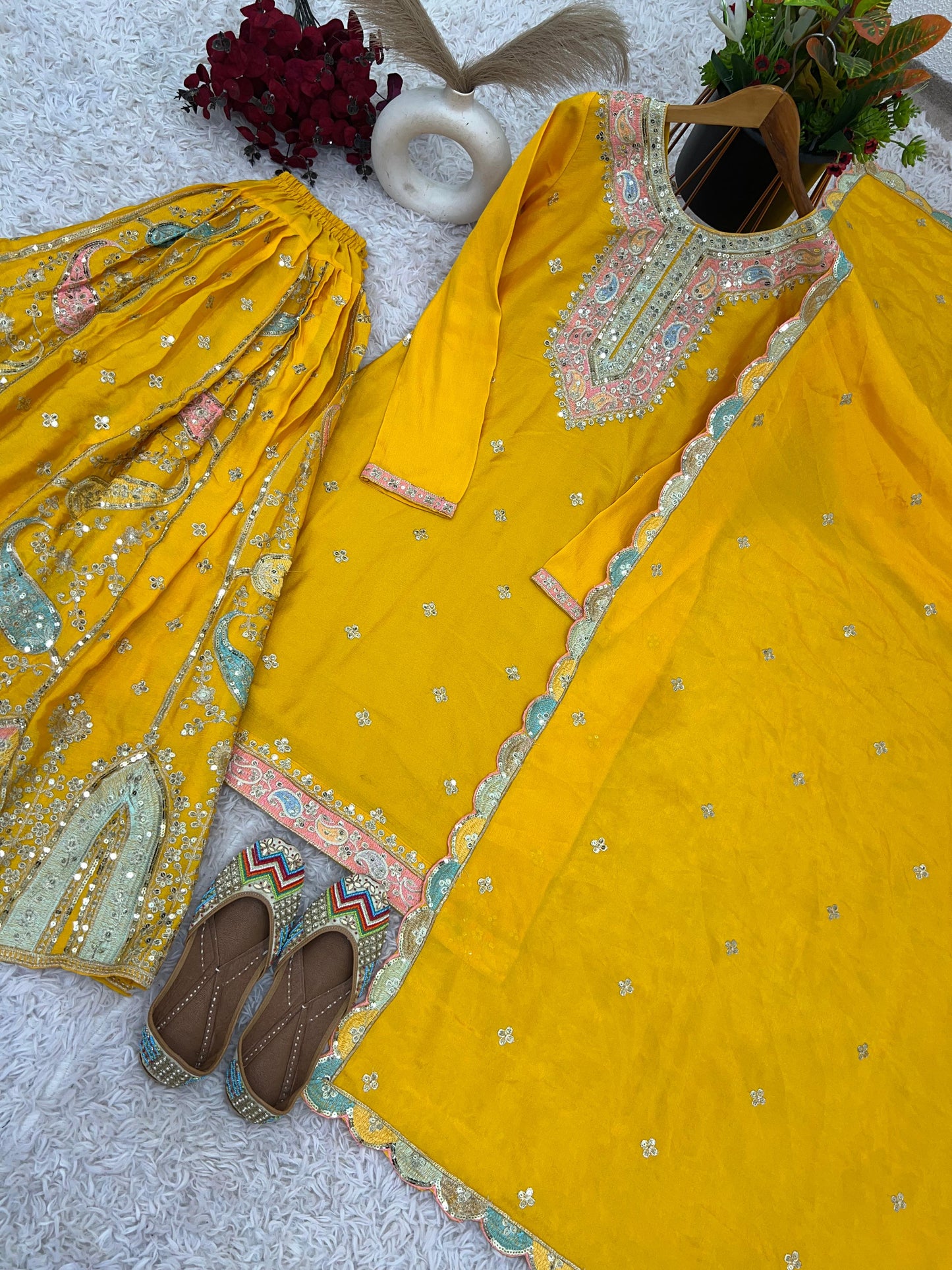 Pakistani Yellow Sharara suit. Heavy sequence embroidered Punjabi suit. Gift for her