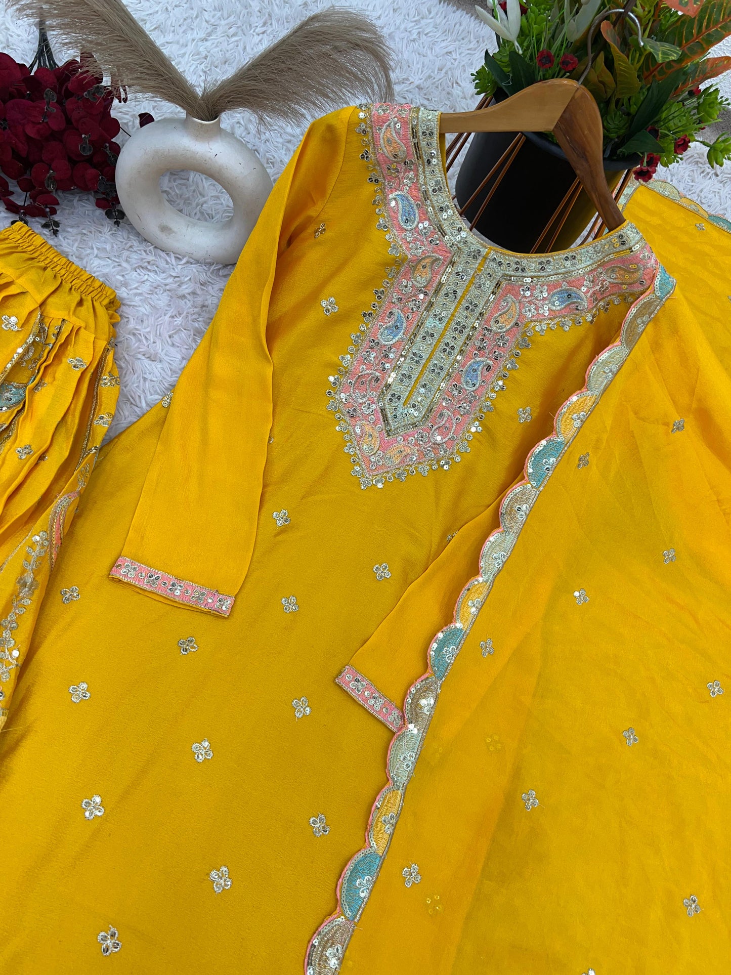 Pakistani Yellow Sharara suit. Heavy sequence embroidered Punjabi suit. Gift for her