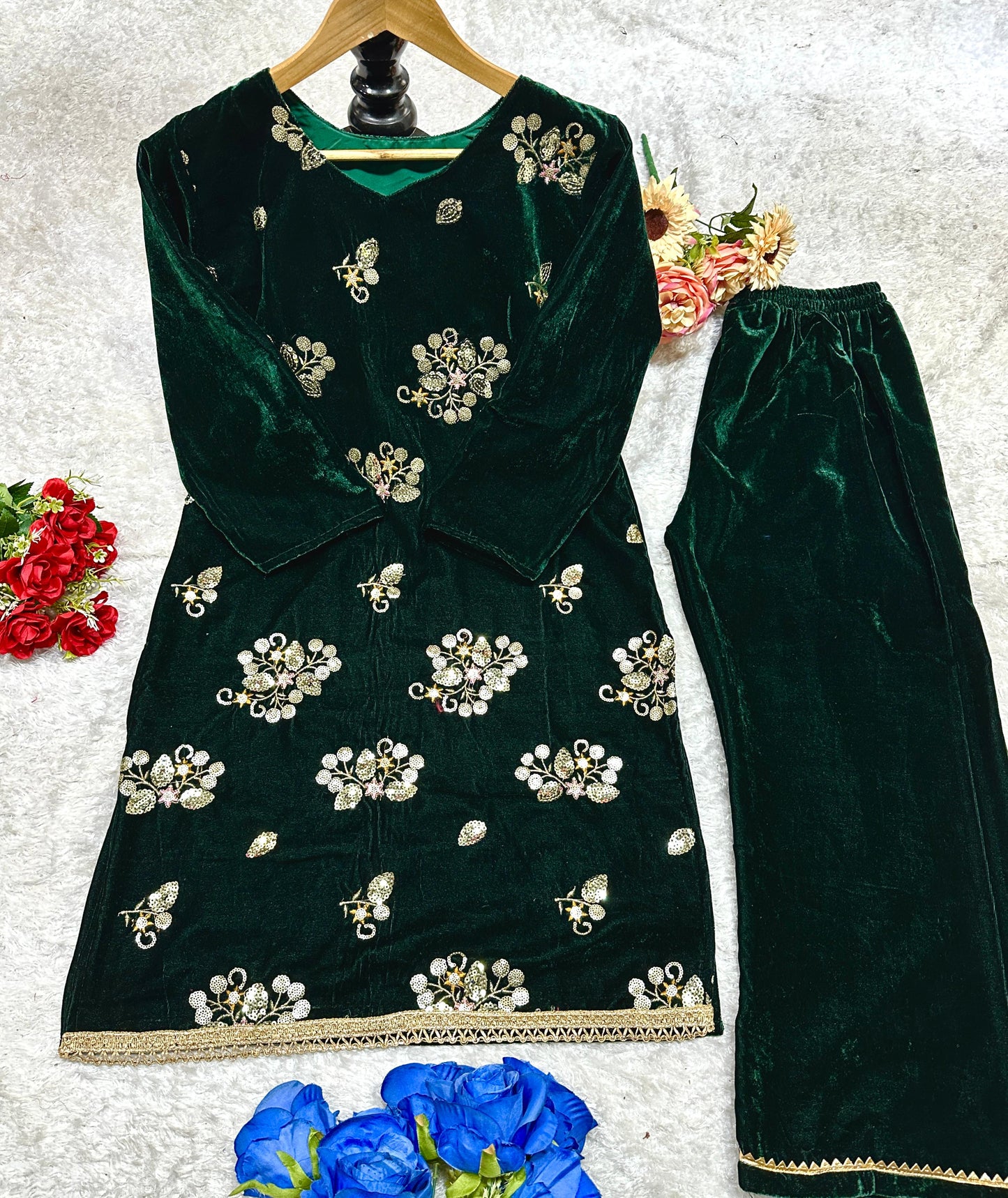 Stitched velvet winter embroidered kurta pant dupatta set | indian ethnic women wear | thick festive embroidered kurti | Bollywood Formals