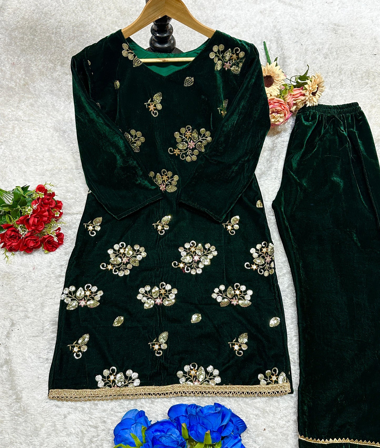 Stitched velvet winter embroidered kurta pant dupatta set | indian ethnic women wear | thick festive embroidered kurti | Bollywood Formals