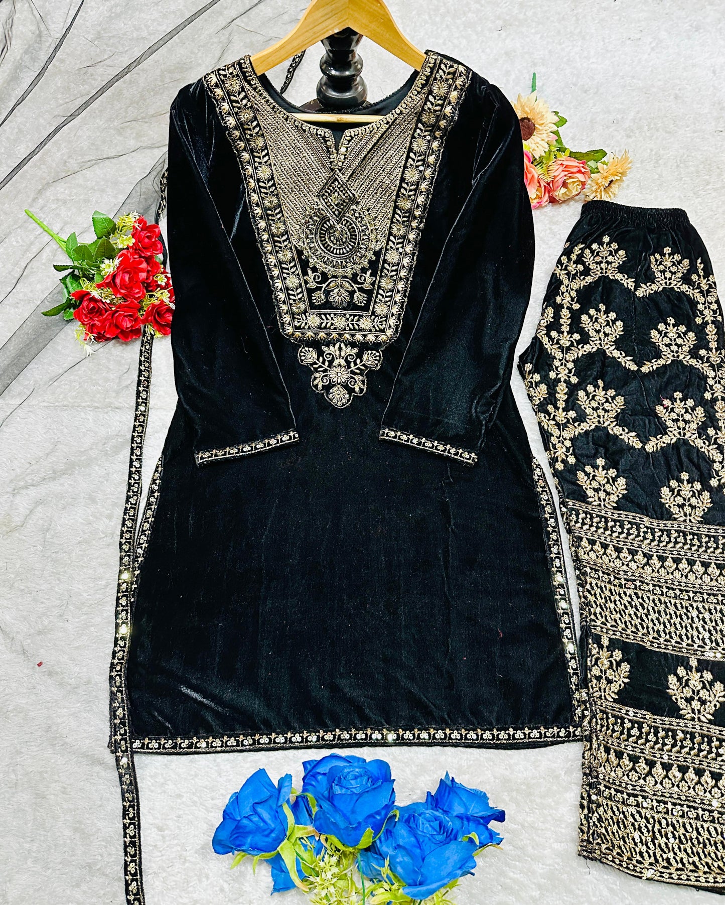 Party Wear Viscose Velvet Designer Look Top-Dupatta and Fully Stiched Bottom With Heavy Embroidery Siquance Work