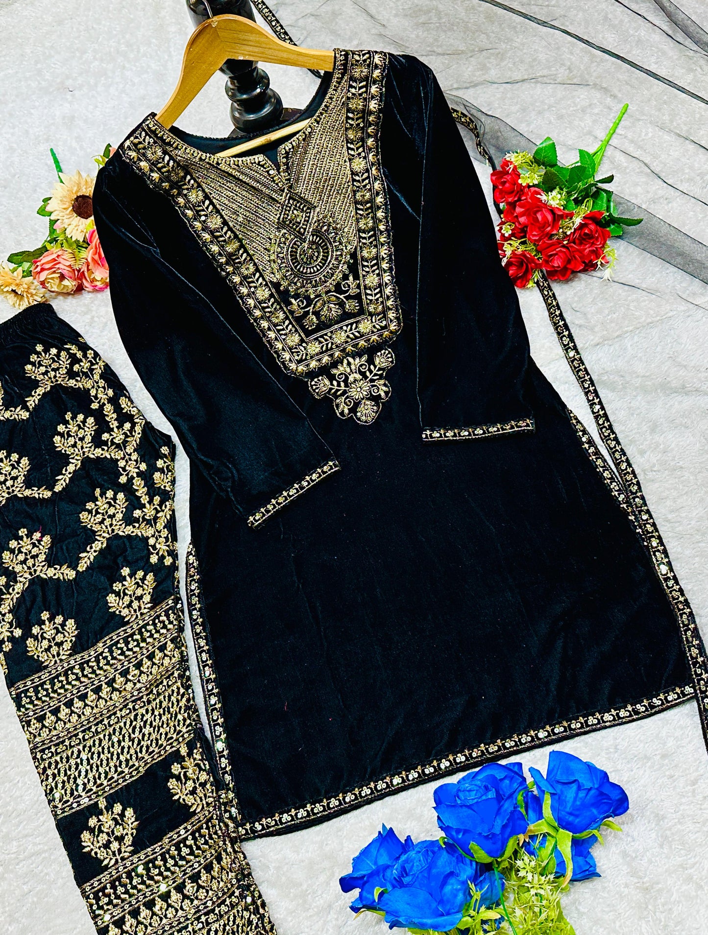 Party Wear Viscose Velvet Designer Look Top-Dupatta and Fully Stiched Bottom With Heavy Embroidery Siquance Work