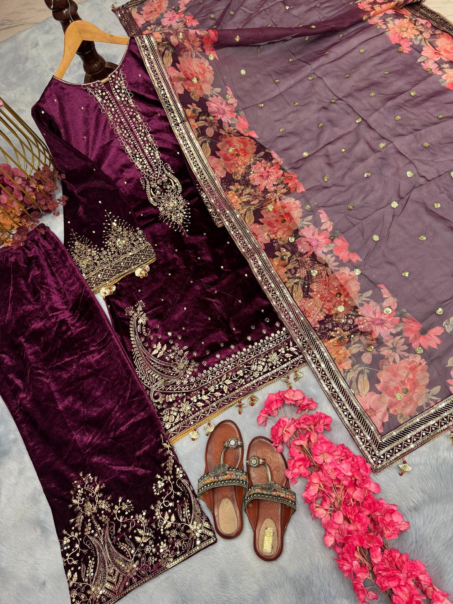 Pakistani winter velvet blue with golden embroidered salwar kameez made on custom order