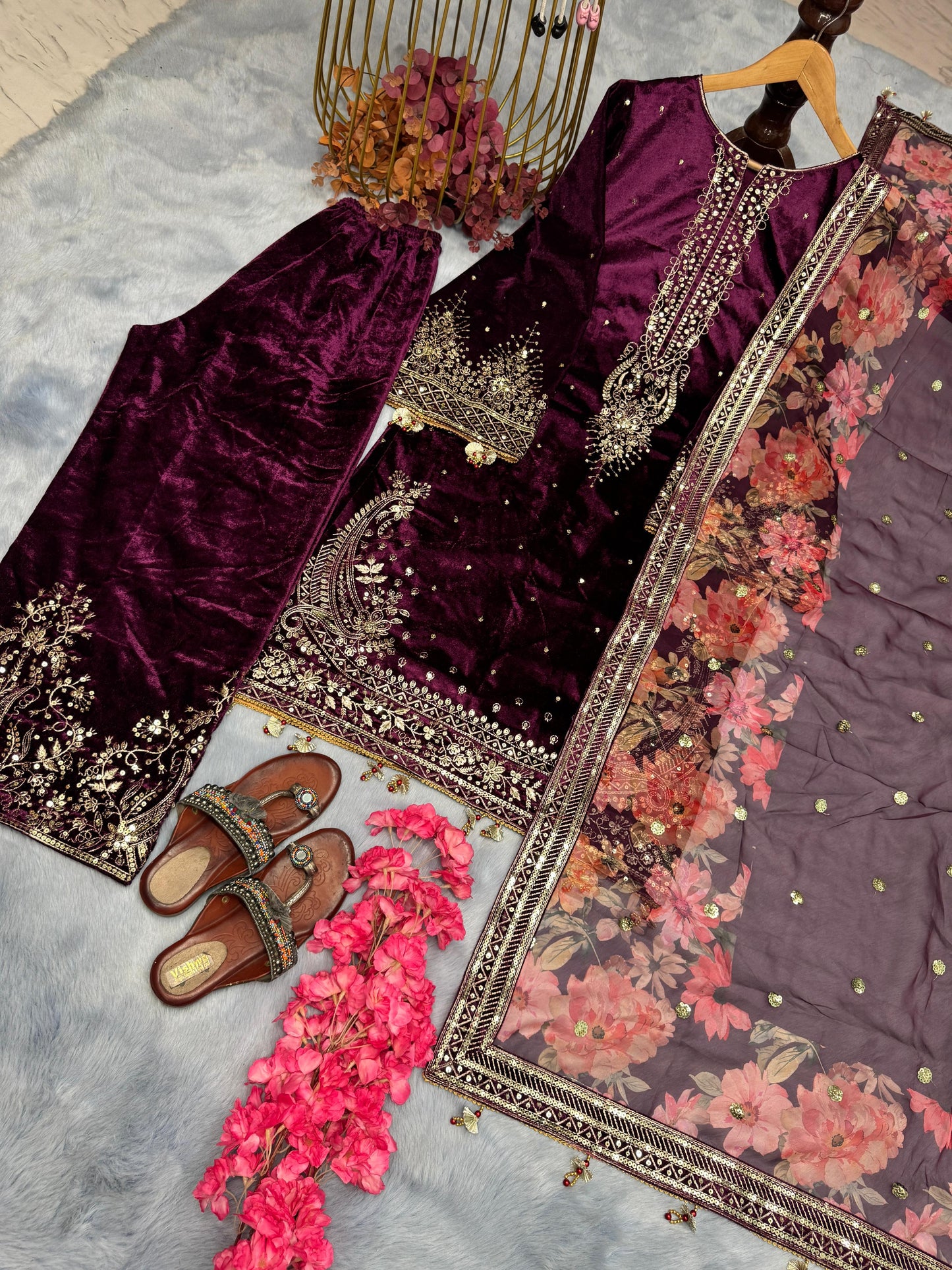 Pakistani winter velvet blue with golden embroidered salwar kameez made on custom order