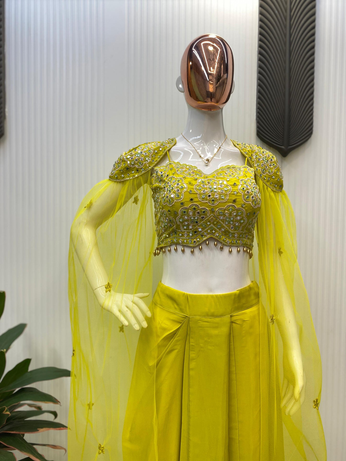 Indo Western dress Party wear Indian Yellow Dhoti Pant with Embroidered Crop Top and Floral SILK Shrug for Haldi and Wedding