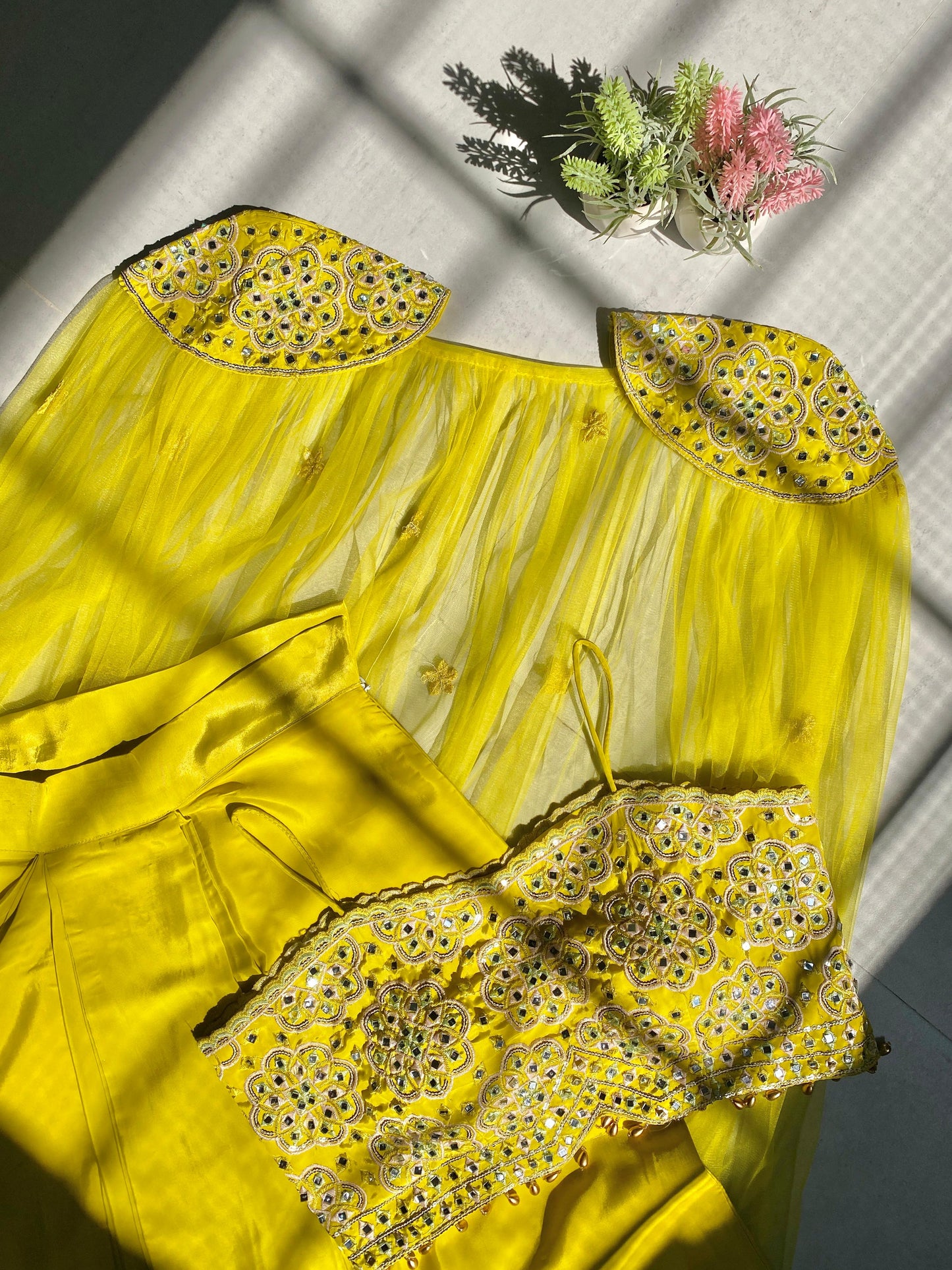 Indo Western dress Party wear Indian Yellow Dhoti Pant with Embroidered Crop Top and Floral SILK Shrug for Haldi and Wedding