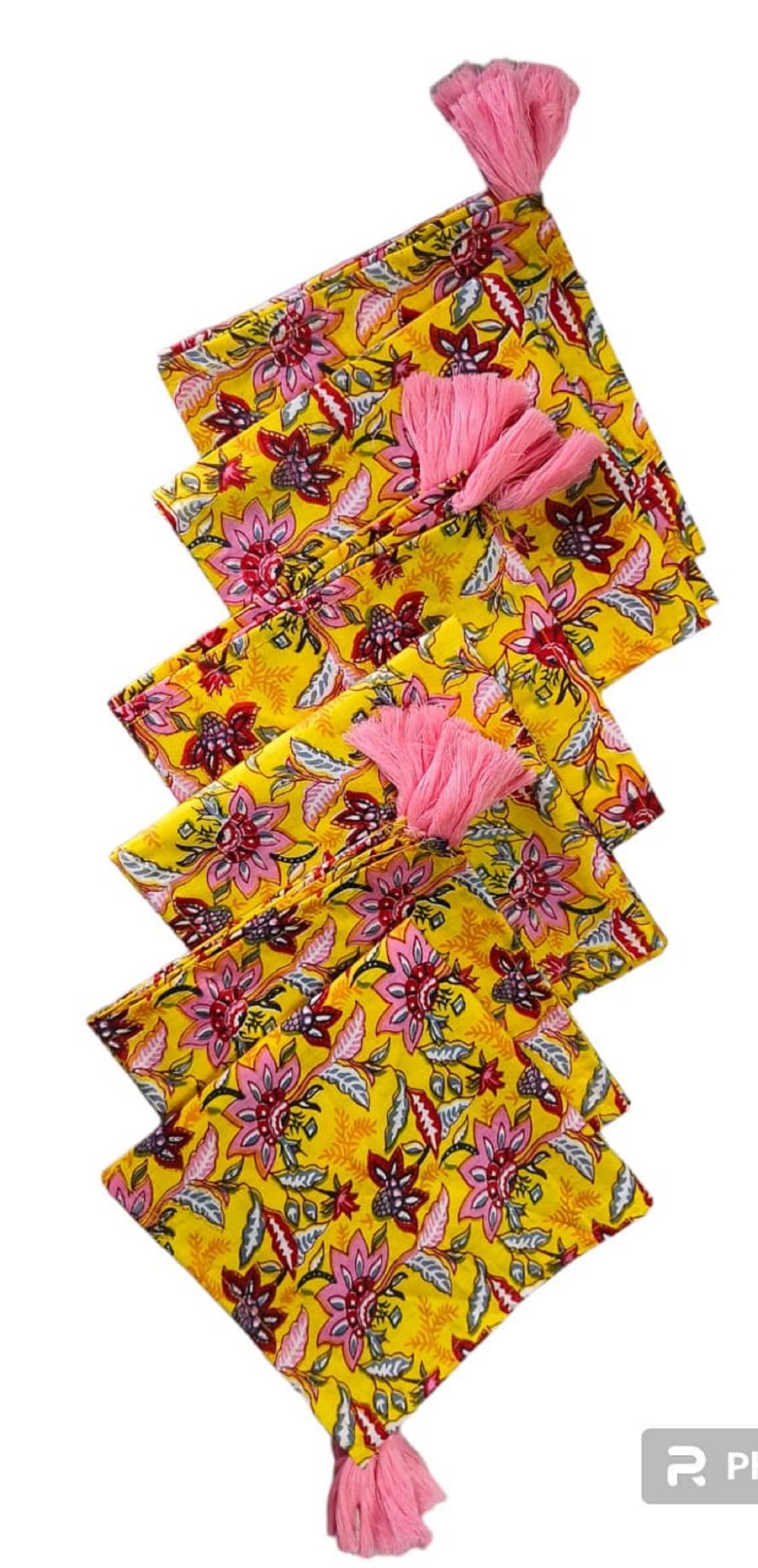 Yellow And Pink Indian Hand Block Floral THOHAT Cotton linen Cloth Napkins,Wedding Events Home Party,Cocktail Dinner All Sizes