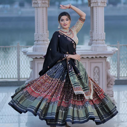 Navratri speical butter silk lehenga choli heavy printed chaniya choli real mirror work dandiya dress Navratri Pooja lehenga choli set.