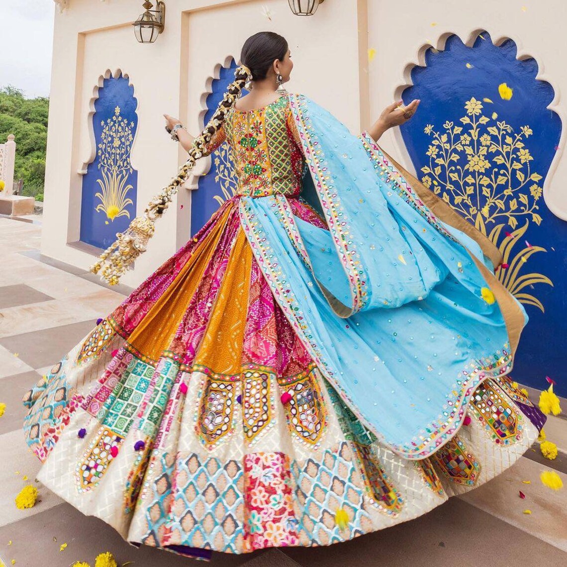 Navaratri Special Silk Lehenga Choli & Dupatta In Digital Print With Glued Real Mirror Work For Women For Garba Event, Navratri