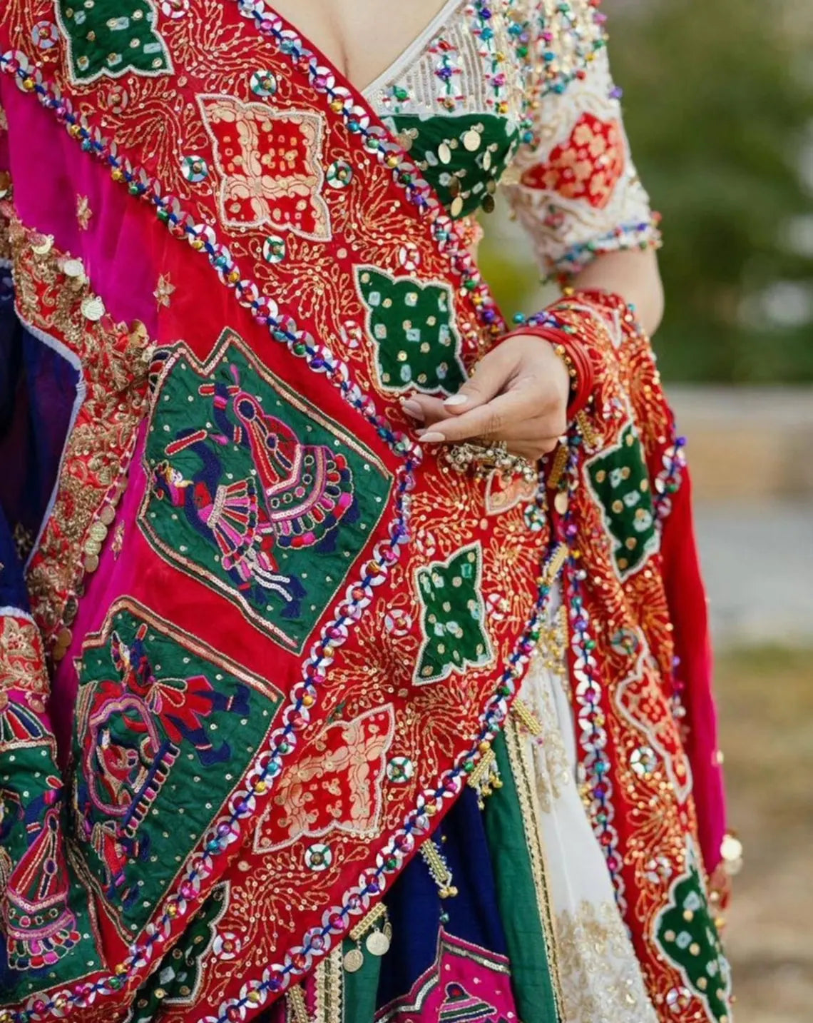 Buy This heavy muslin white lengha, adorned with vibrant and colorful traditional digital prints. Navratri Lengha ,Garba night Lengha Choli