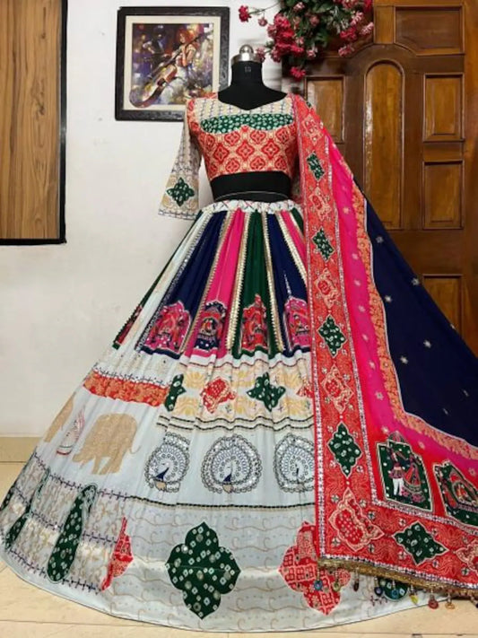 Buy This heavy muslin white lengha, adorned with vibrant and colorful traditional digital prints. Navratri Lengha ,Garba night Lengha Choli