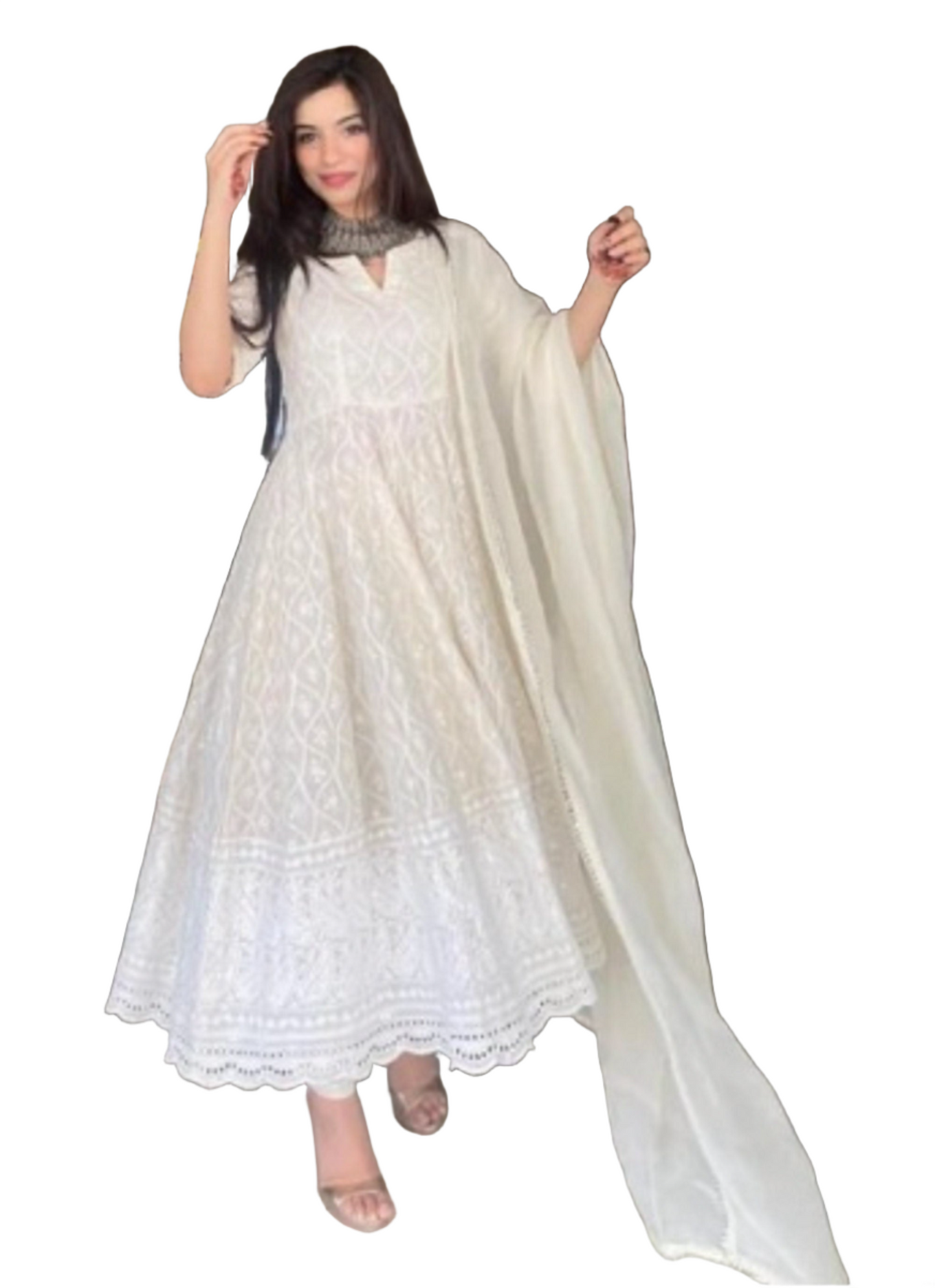 Chikankari Premium off White Anarkali Suit with and Dupatta, Full Flared Embroidered Cotton Elegant Salwar Suit set Reaymade upto 5xl