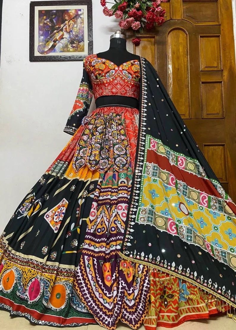 Navratri Special Silk Lehenga Choli With Glued Real Mirror Work And Printed Work For Navratri Garba Dance, God pooja, Navratri Festival