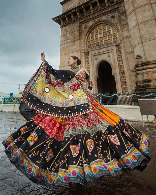 Navratri Special Silk Lehenga Choli With Glued Real Mirror Work And Printed Work For Navratri Garba Dance, God pooja, Navratri Festival