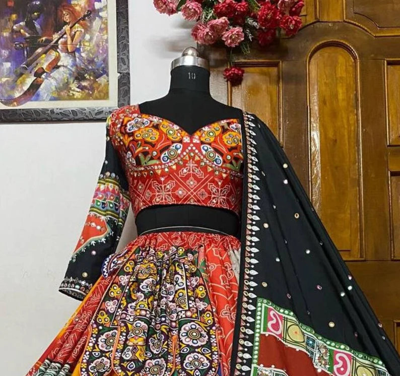 Navratri Special Silk Lehenga Choli With Glued Real Mirror Work And Printed Work For Navratri Garba Dance, God pooja, Navratri Festival