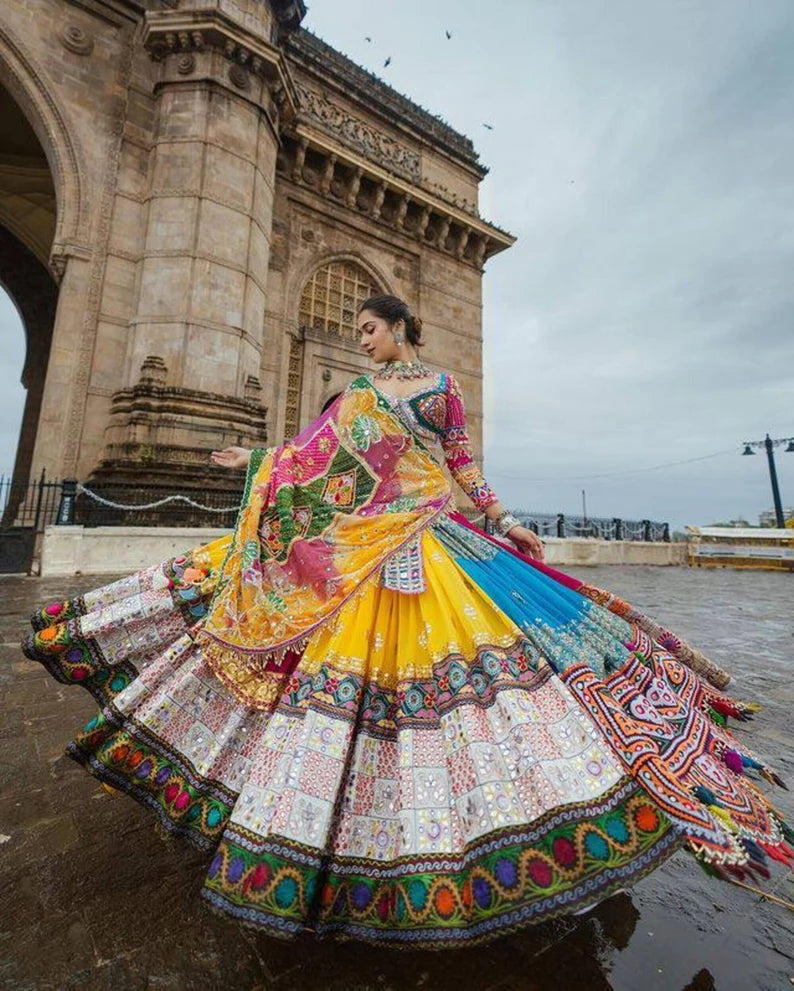 Navratri Special Silk Lehenga Choli With Glued Real Mirror Work And Printed Work For Navratri Garba Dance, God pooja, Navratri Festival