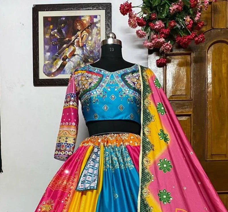 Navratri Special Silk Lehenga Choli With Glued Real Mirror Work And Printed Work For Navratri Garba Dance, God pooja, Navratri Festival