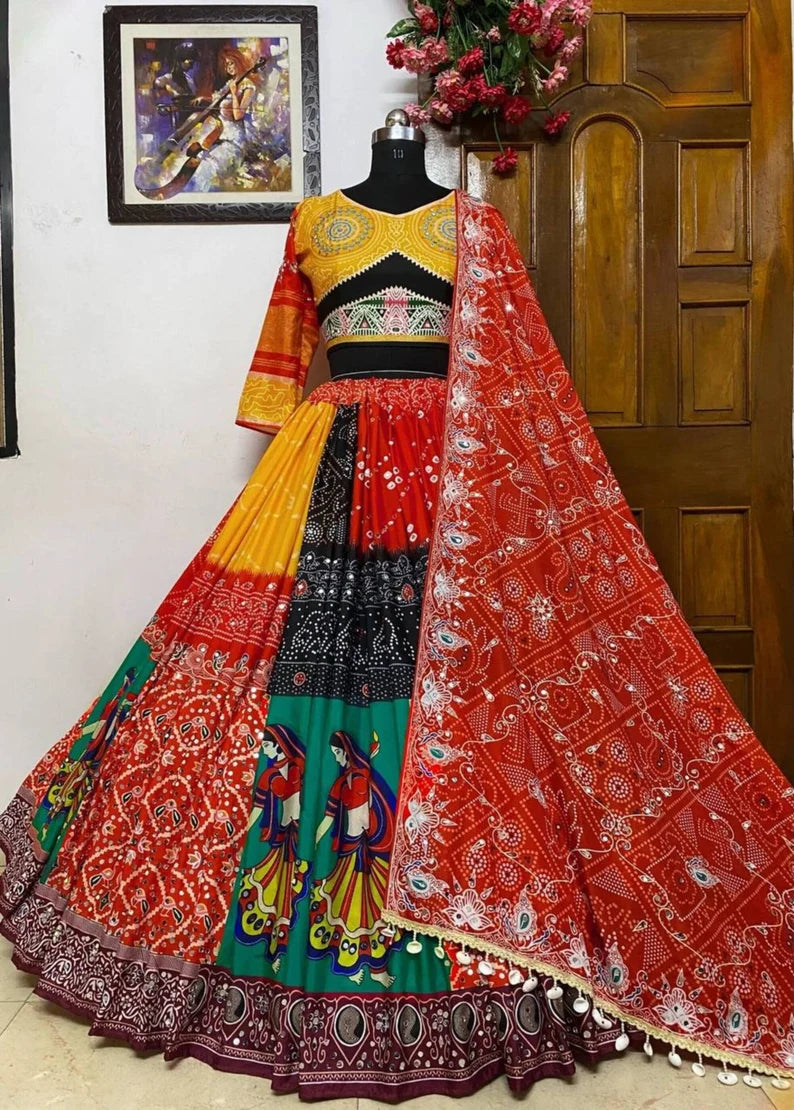 Navratri Special Silk Lehenga Choli With Glued Real Mirror Work And Printed Work For Navratri Garba Dance, God pooja, Navratri Festival