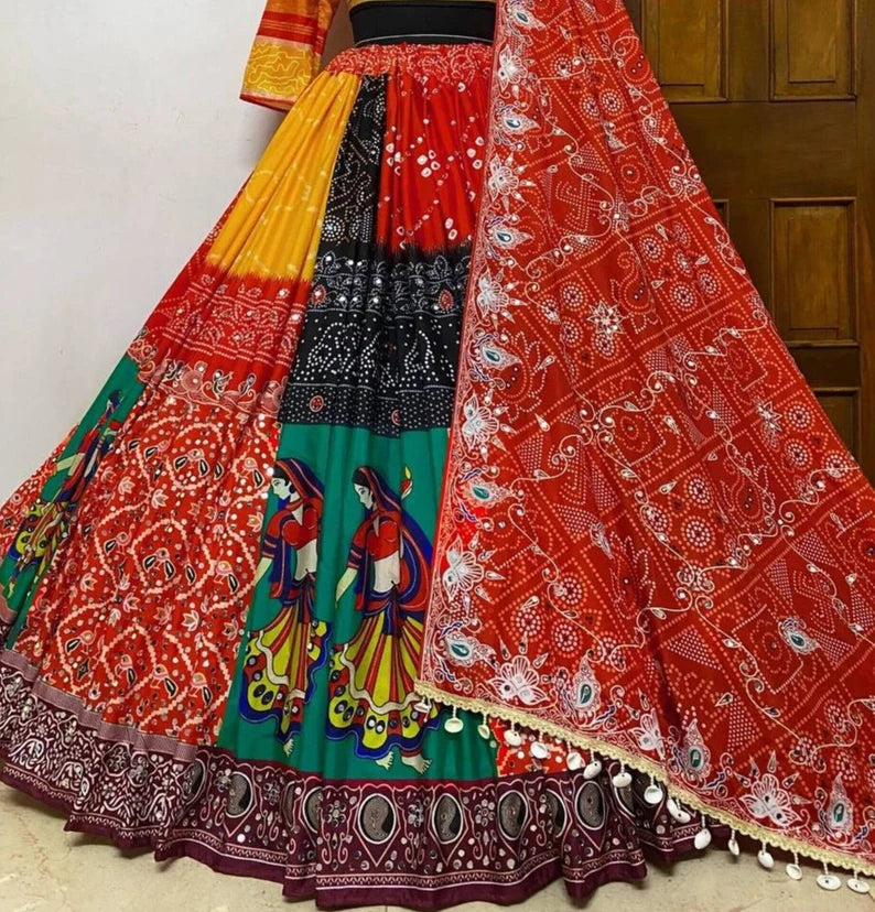 Navratri Special Silk Lehenga Choli With Glued Real Mirror Work And Printed Work For Navratri Garba Dance, God pooja, Navratri Festival