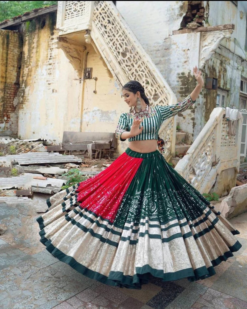 Navratri Special Silk Lehenga Choli With Glued Real Mirror Work And Printed Work For Navratri Garba Dance, God pooja, Navratri Festival