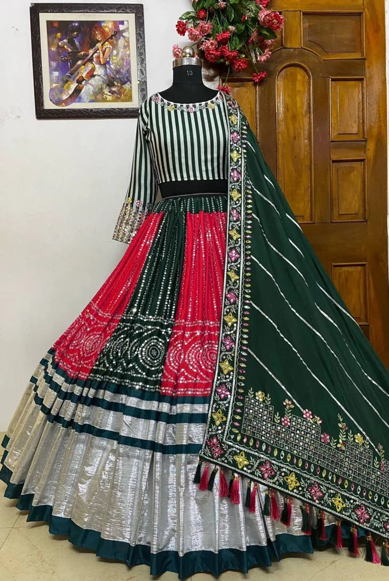 Navratri Special Silk Lehenga Choli With Glued Real Mirror Work And Printed Work For Navratri Garba Dance, God pooja, Navratri Festival