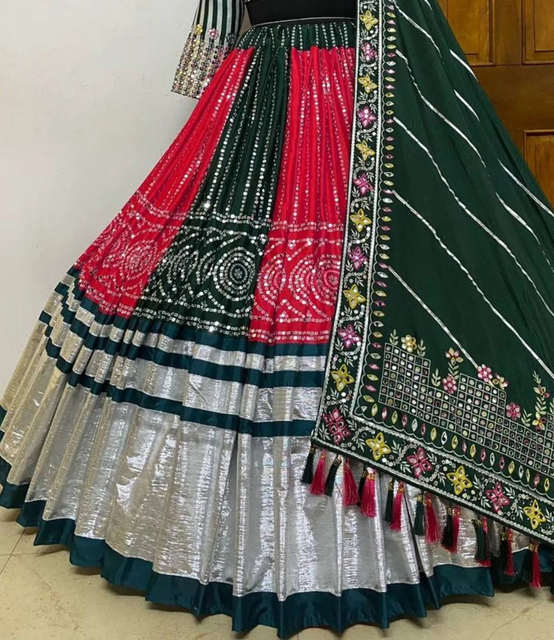 Navratri Special Silk Lehenga Choli With Glued Real Mirror Work And Printed Work For Navratri Garba Dance, God pooja, Navratri Festival