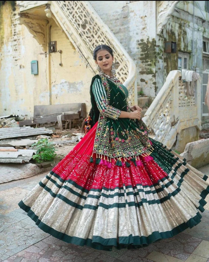 Navratri Special Silk Lehenga Choli With Glued Real Mirror Work And Printed Work For Navratri Garba Dance, God pooja, Navratri Festival