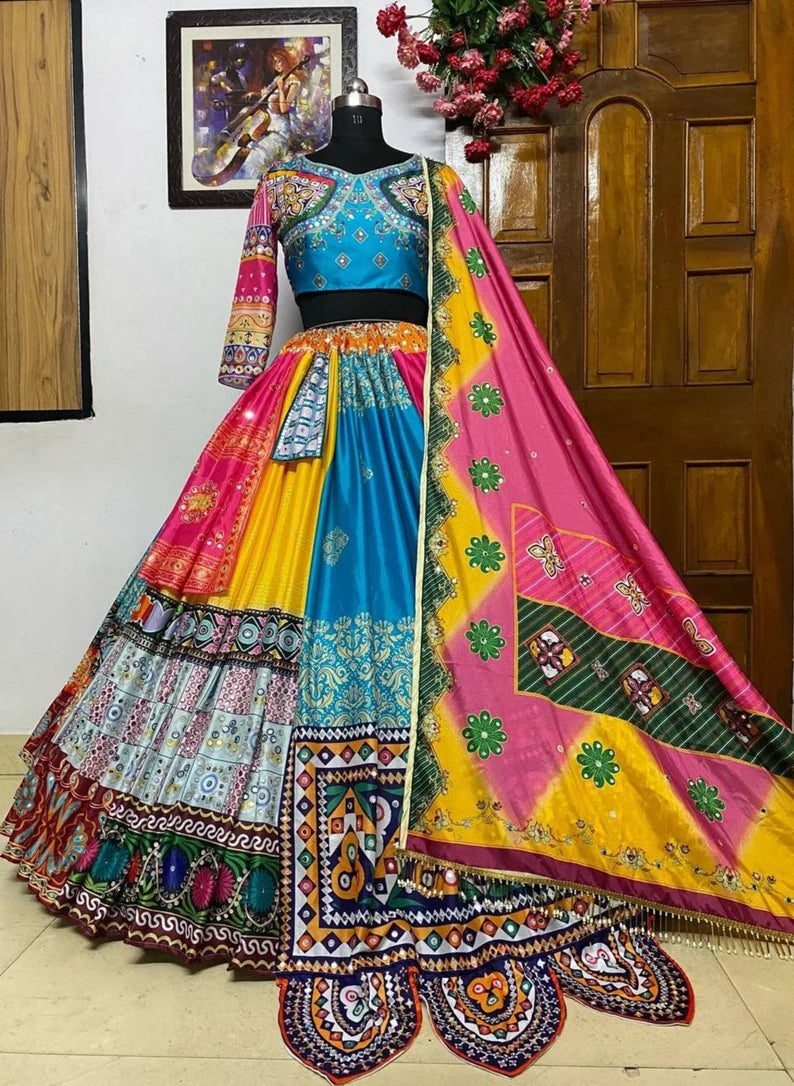 Navratri Special Silk Lehenga Choli With Glued Real Mirror Work And Printed Work For Navratri Garba Dance, God pooja, Navratri Festival