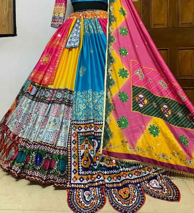 Navratri Special Silk Lehenga Choli With Glued Real Mirror Work And Printed Work For Navratri Garba Dance, God pooja, Navratri Festival