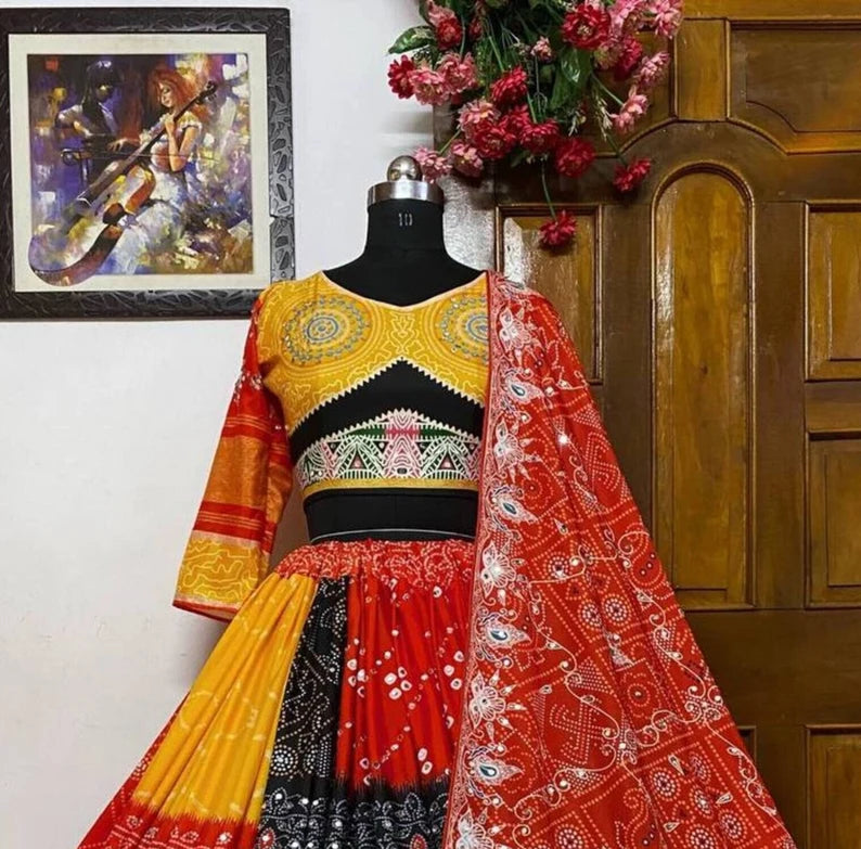 Navratri Special Silk Lehenga Choli With Glued Real Mirror Work And Printed Work For Navratri Garba Dance, God pooja, Navratri Festival