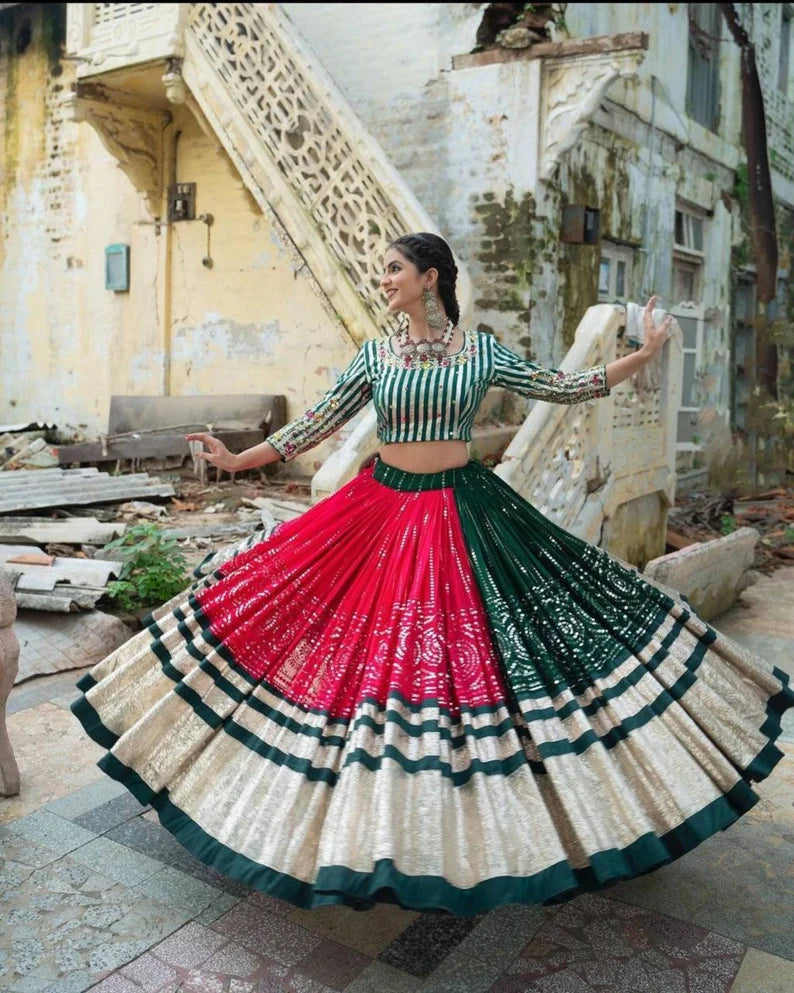 Navratri Special Silk Lehenga Choli With Glued Real Mirror Work And Printed Work For Navratri Garba Dance, God pooja, Navratri Festival