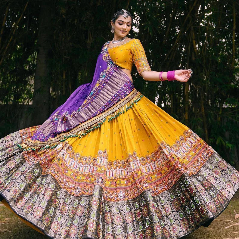 Navratri speical butter silk lehenga choli heavy printed chaniya choli real mirror work dandiya dress Navratri Pooja lehenga choli set.