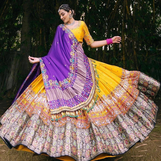 Navratri speical butter silk lehenga choli heavy printed chaniya choli real mirror work dandiya dress Navratri Pooja lehenga choli set.