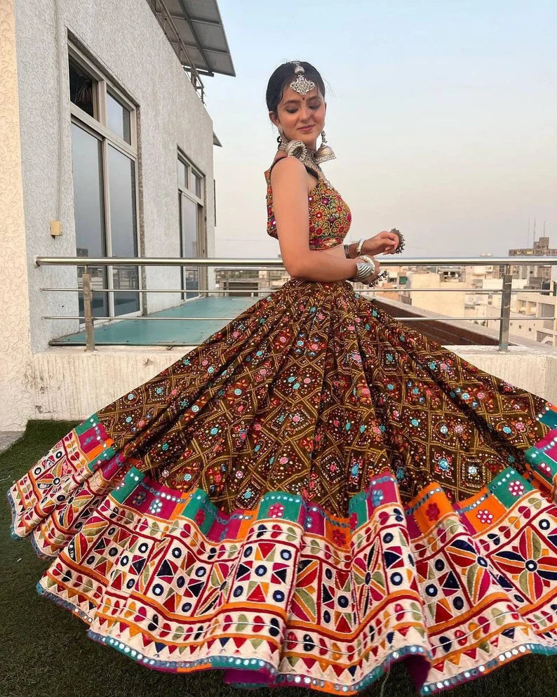 Navratri speical butter silk lehenga choli heavy printed chaniya choli real mirror work dandiya dress Navratri Pooja lehenga choli set.