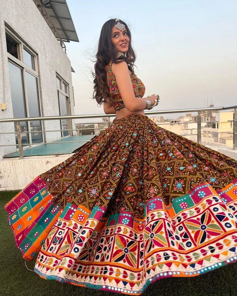 Navratri speical butter silk lehenga choli heavy printed chaniya choli real mirror work dandiya dress Navratri Pooja lehenga choli set.