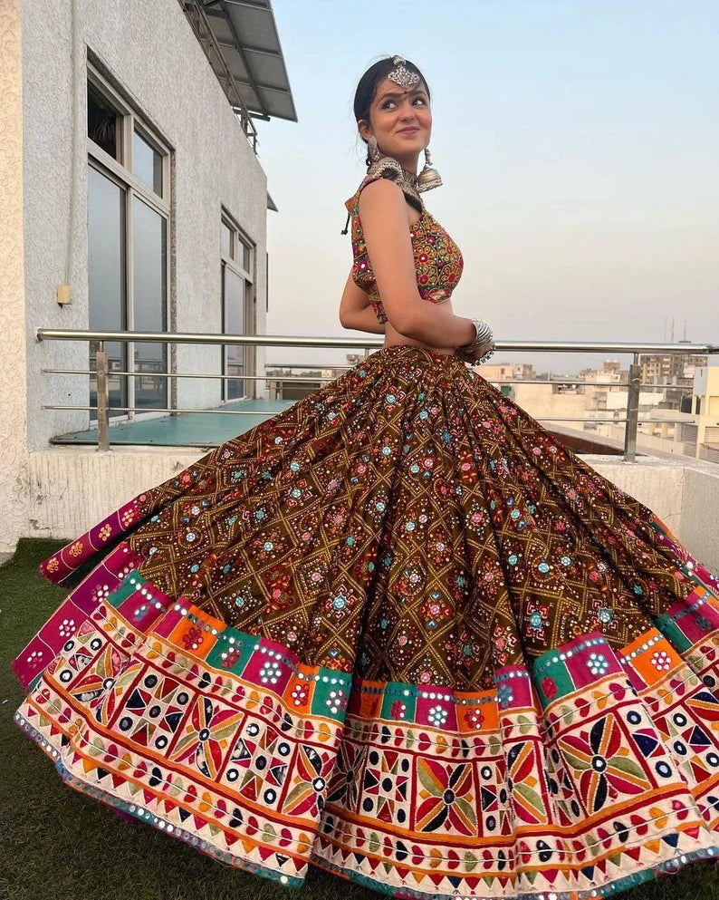 Navratri speical butter silk lehenga choli heavy printed chaniya choli real mirror work dandiya dress Navratri Pooja lehenga choli set.