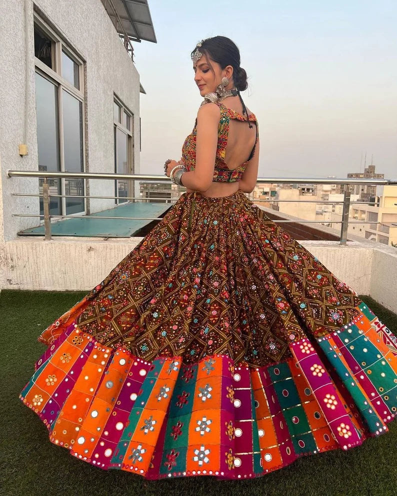 Navratri speical butter silk lehenga choli heavy printed chaniya choli real mirror work dandiya dress Navratri Pooja lehenga choli set.