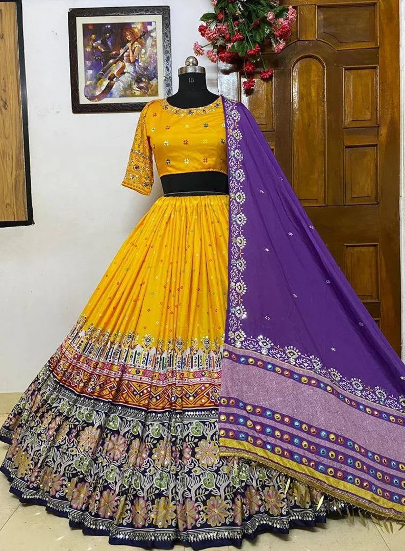 Navratri speical butter silk lehenga choli heavy printed chaniya choli real mirror work dandiya dress Navratri Pooja lehenga choli set.