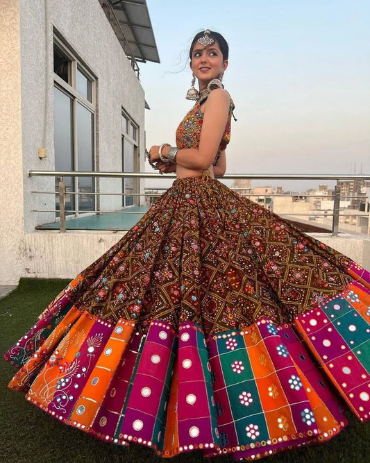 Navratri speical butter silk lehenga choli heavy printed chaniya choli real mirror work dandiya dress Navratri Pooja lehenga choli set.